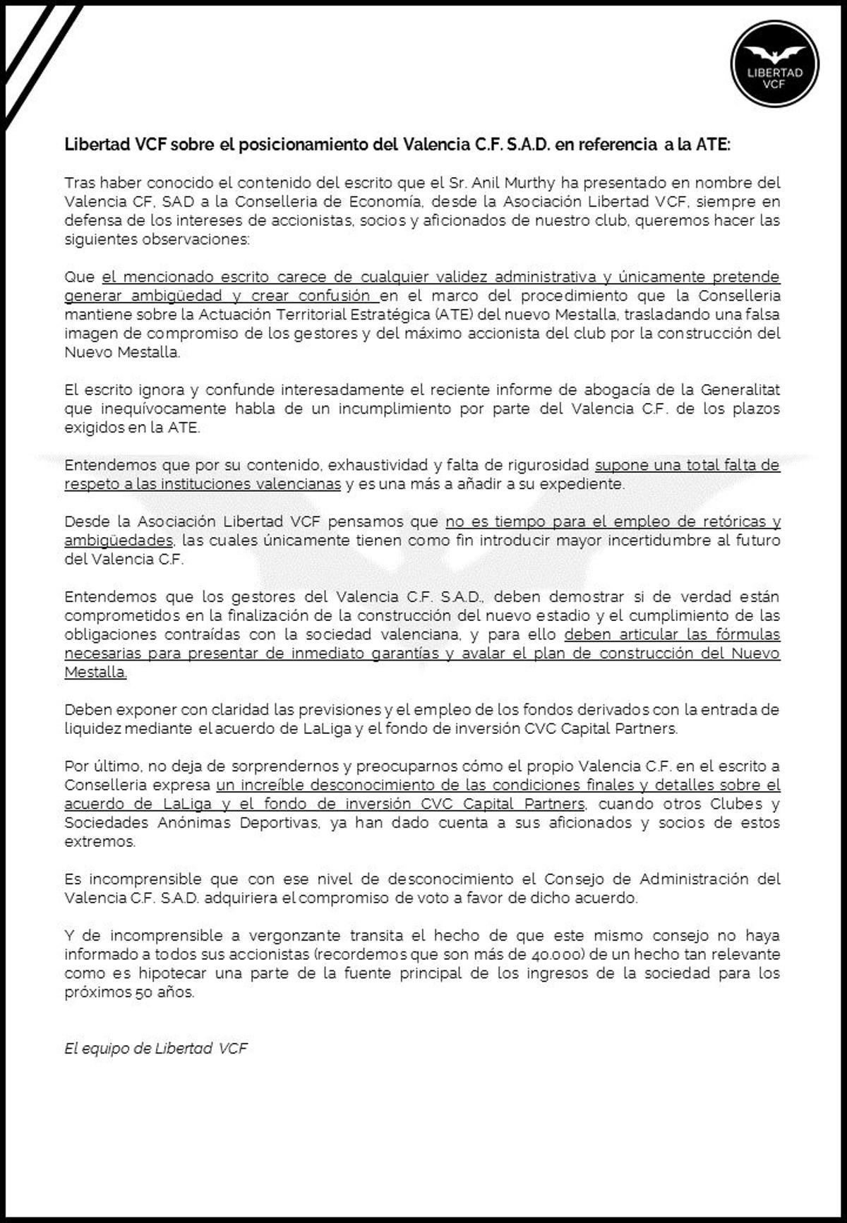 Comunicado de Libertad VCF