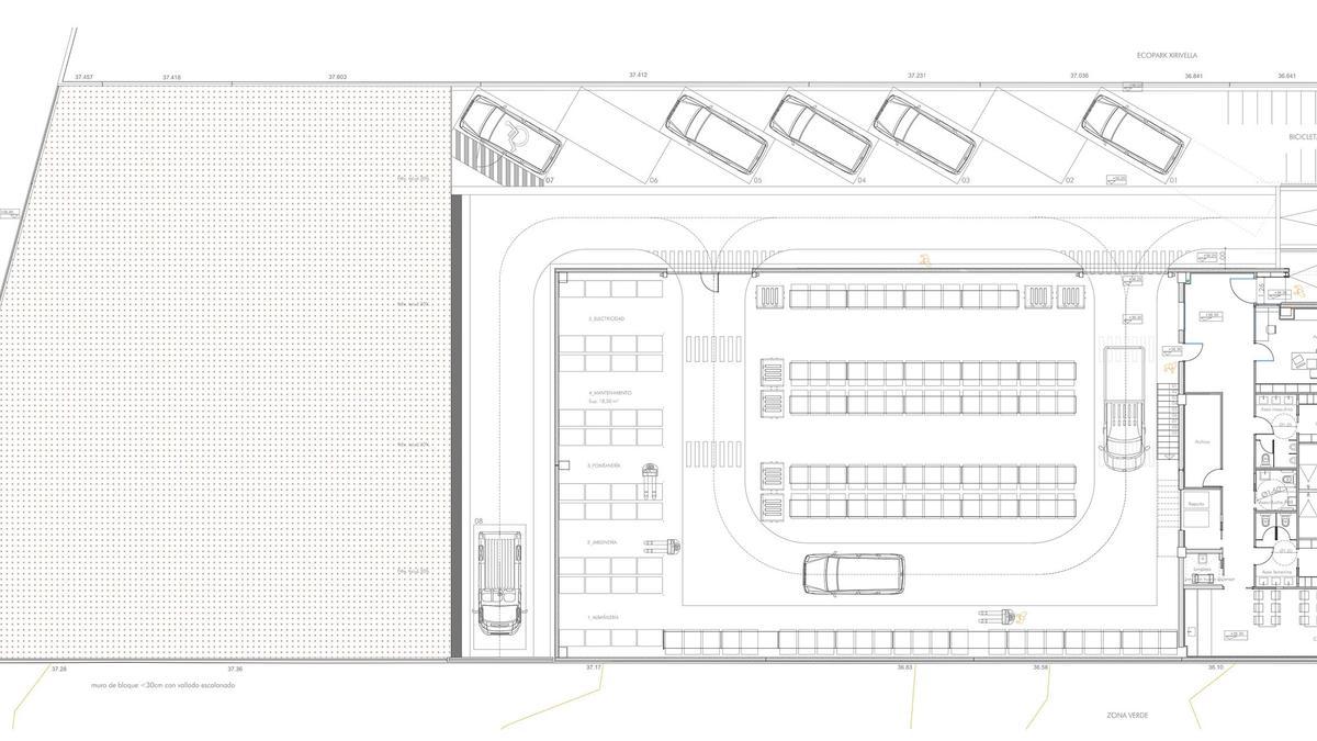 Distribución de los servicios en la parcela de 900 metros cuadrados donde se ubicará el almacén de Xirivella.