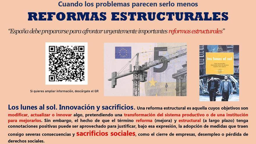 Uno de los carteles de la exposición sobre la expresión &quot;reformas estructurales&quot;, con el titular, la imagen y el código QR, de la alumna Laura Ferreira.