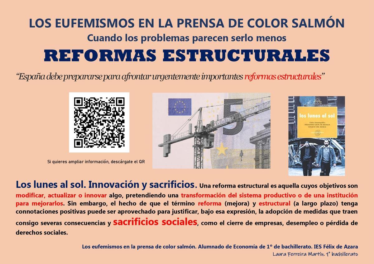 Uno de los carteles de la exposición sobre la expresión "reformas estructurales", con el titular, la imagen y el código QR, de la alumna Laura Ferreira.