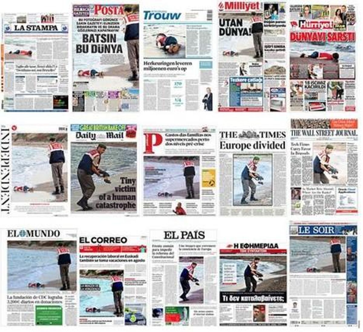 Algunes portades de la premsa internacional amb la imatge d’Aylan, aquest dijous. Algunes portades de la premsa internacional amb la imatge d’Aylan, aquest dijous.