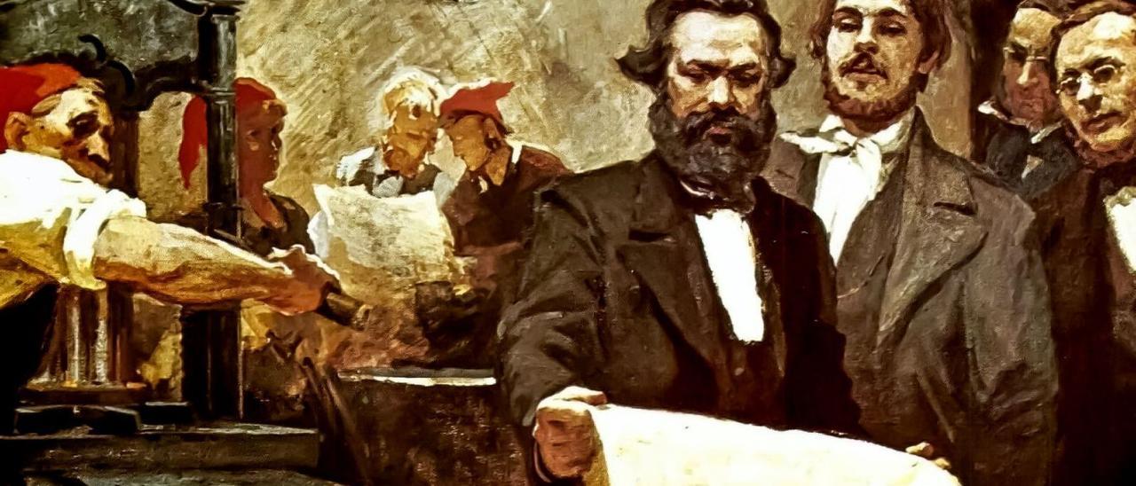 Karl Marx  e Friedrich Engels no obradoiro da Nova Gaceta Renana  (1849).