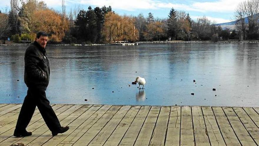 Un veí passeja davant l&#039;aigua gelada de l&#039;estany de Puigcerdà, ahir