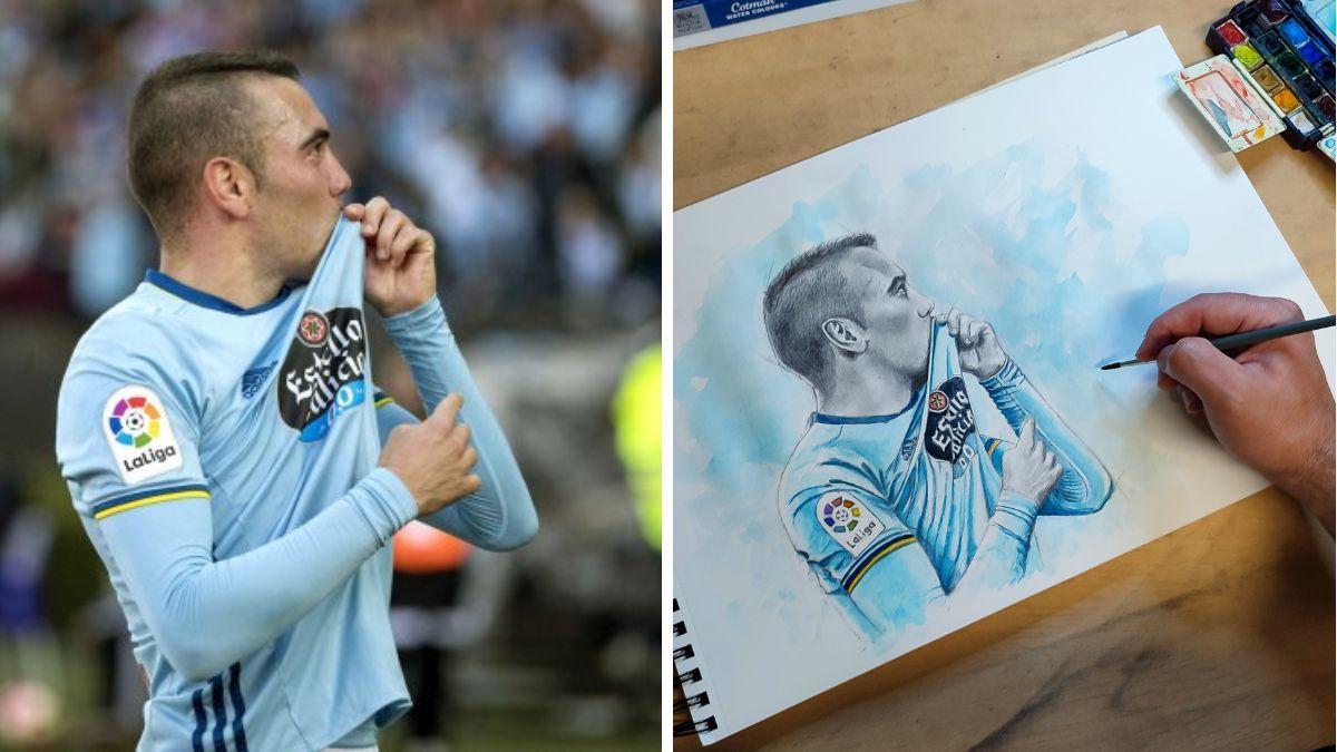 A la izquierda, la foto de EFE en la que Iago Aspas besa el escudo. A la derecha, el dibujo de Anxo, 'clonando' la foto del delantero del Celta.