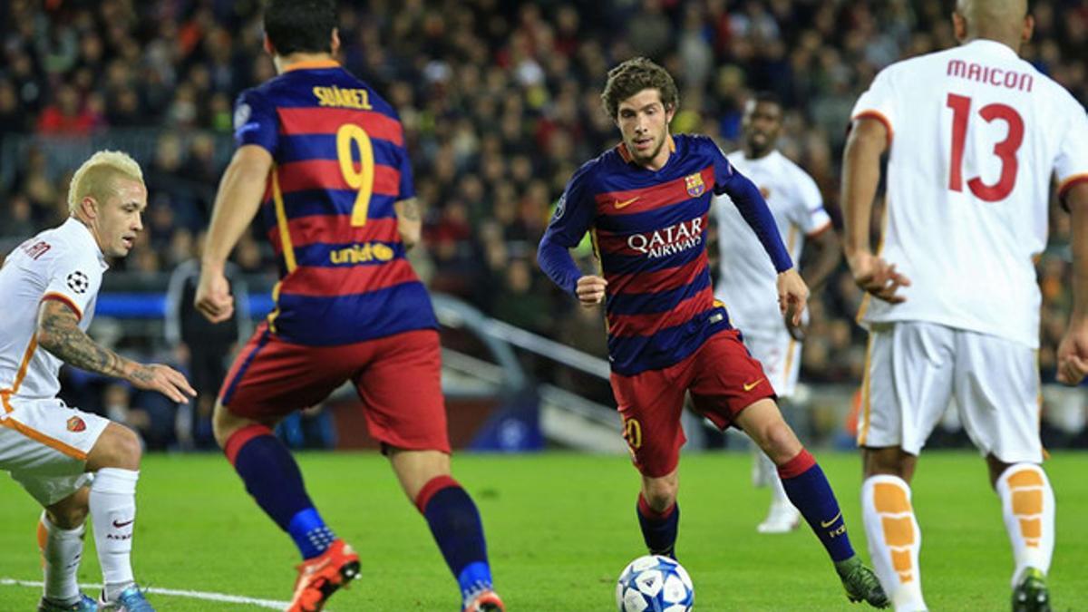 Sergi Roberto, en una acción del partido de Champions League entre el FC Barcelona y la Roma