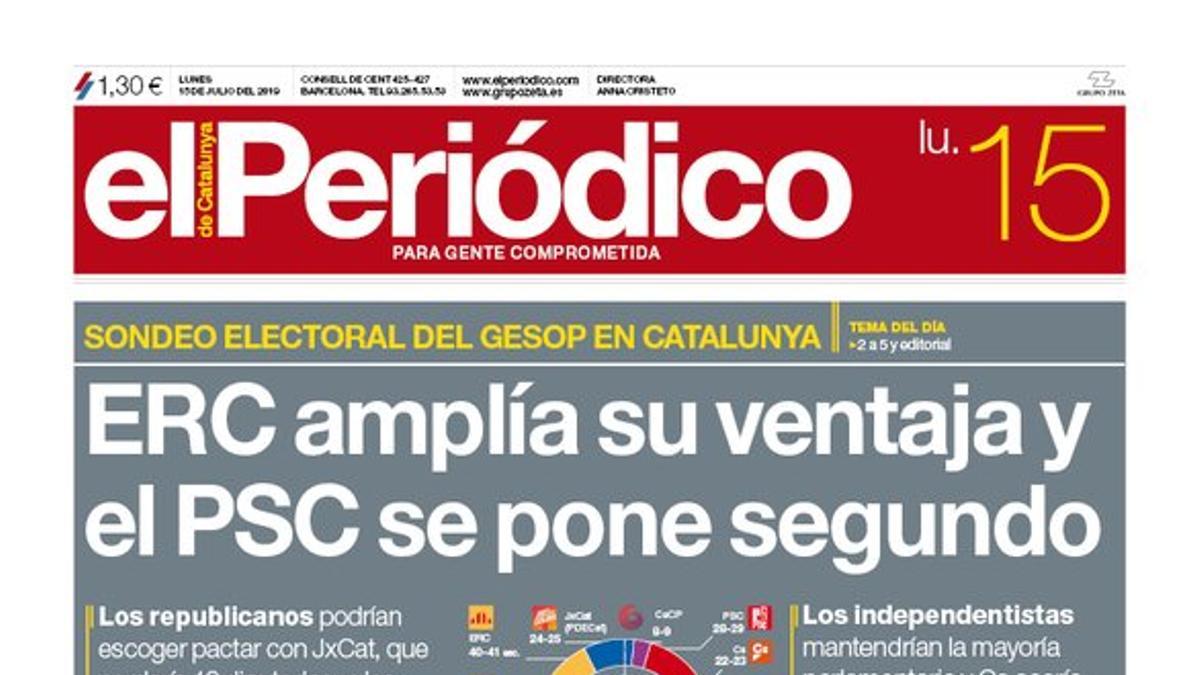 La portada de EL PERIÓDICO del 15 de julio del 2019