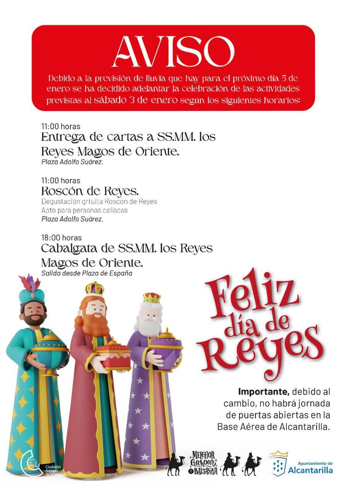 Cartel con la reestructuración de las actividades de Reyes Magos en Alcantarilla