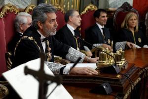 GRAF2534. MADRID, 15/01/2020.- El presidente del Tribunal Supremo, Carlos Lesmes durante su intervención en la ceremonia de toma de posesión de los tres nuevos jueves Ignacio García-Perrote, Fernando Marín Castán y Ricardo Cuesta del Castillo este miércoles 15 de enero en Madrid. EFE/Chema Moya/Pool