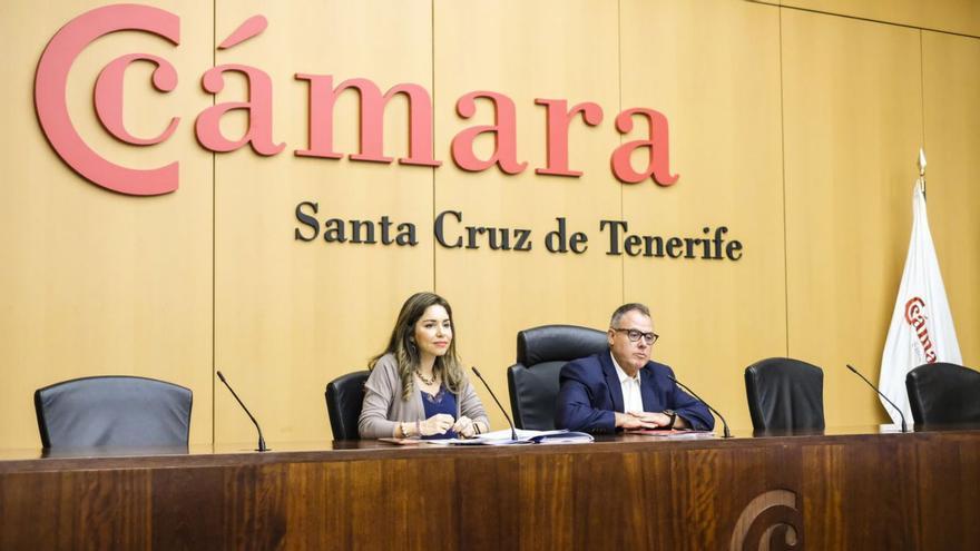 Arturo Escuder y Liskel Álvarez durante una rueda de prensa en la Cámara de Comercio provincial. |