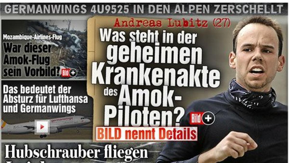 La portada del sensacionalista 'Bild', con una foto de Andreas Lubitz y el titular 'Amok-piloten', 'piloto psicópata'.