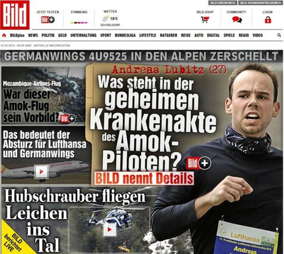 La portada del sensacionalista ’Bild’, amb una foto d’Andreas Lubitz i el titular ’Amok-piloten’, ’pilot psicòpata’.