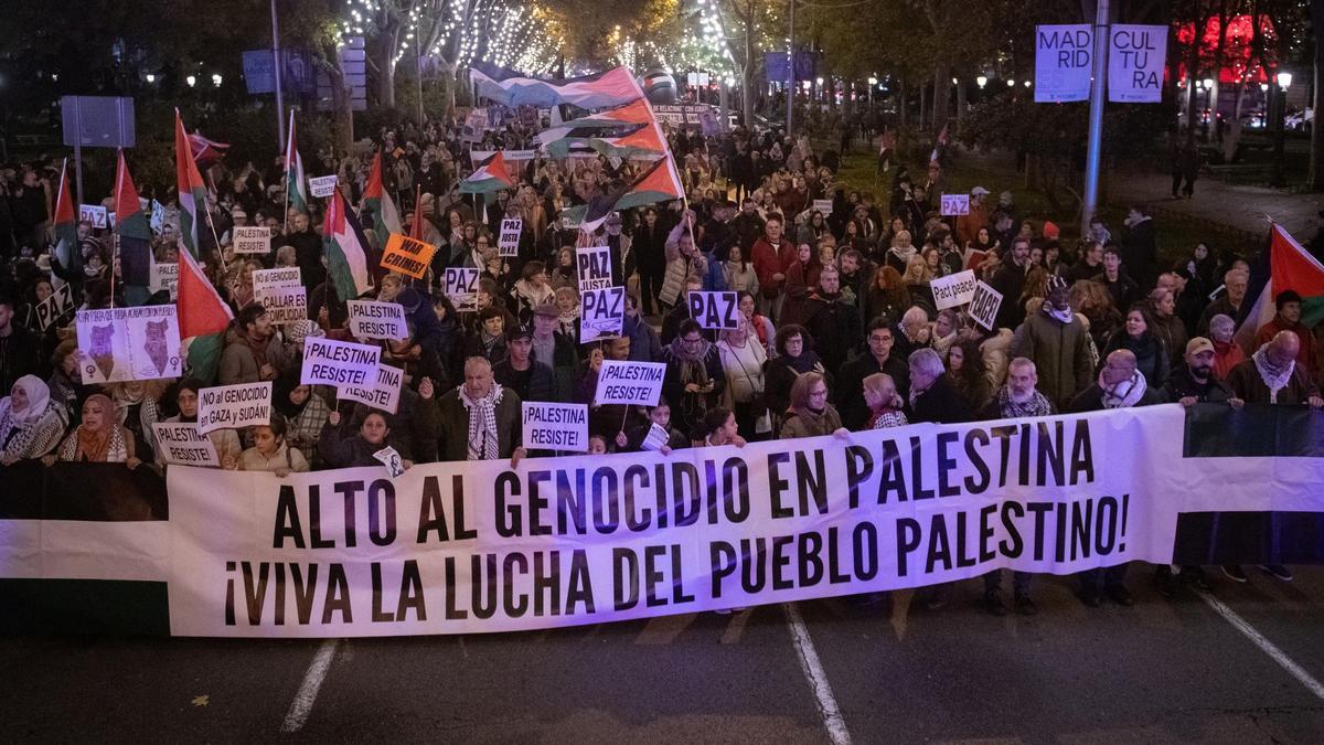 Decenas de personas durante una manifestación a favor del Estado palestino, a 29 de noviembre de 2025, en Madrid (España).