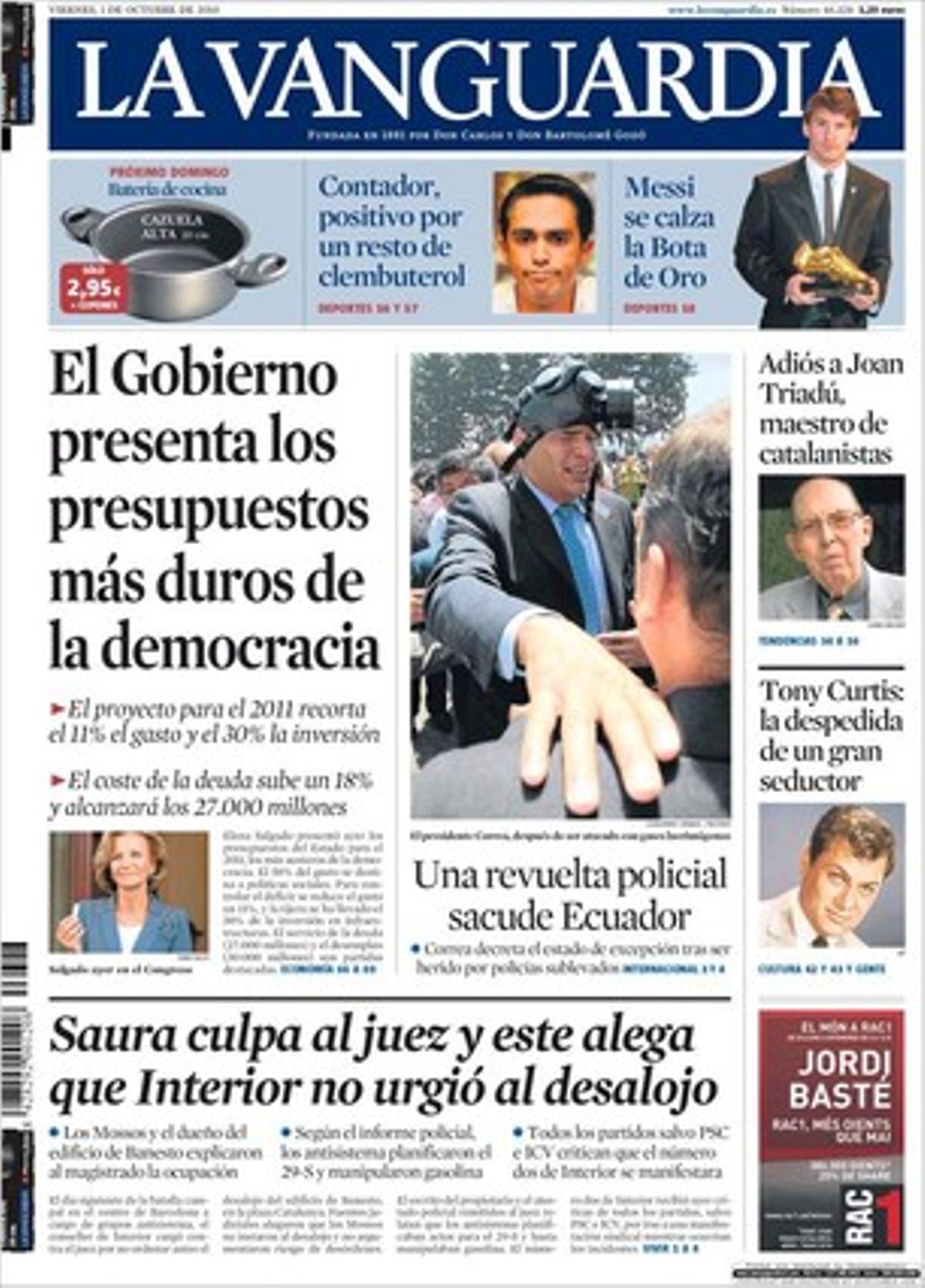 ’La Vanguardia’, a més dels temes que porta a la seva primera pàgina, explica a dins que entre els nord-americans de 25 a 34 anys els solters superen per primera vegada els casats, que el Marroc torna a expulsar en massa emigrants cap a la frontera algeriana, i entrevista Josu Erkoreka: El PNB vol estar en el final d’ETA.