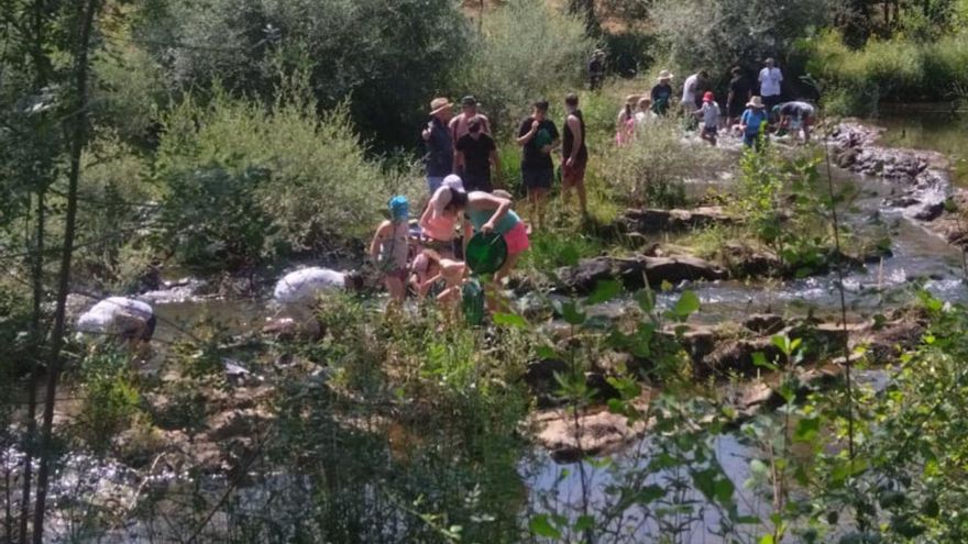 Un grupo de jóvenes aprenden las técnicas del bateo en el cauce del río Eria, en Villaferrueña | RAFAEL JIMÉNEZ