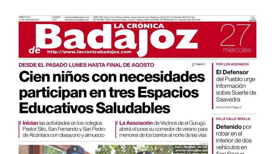 Esta es la portada de LA CRÓNICA DE BADAJOZ correspondiente al día 27 de junio del 2018