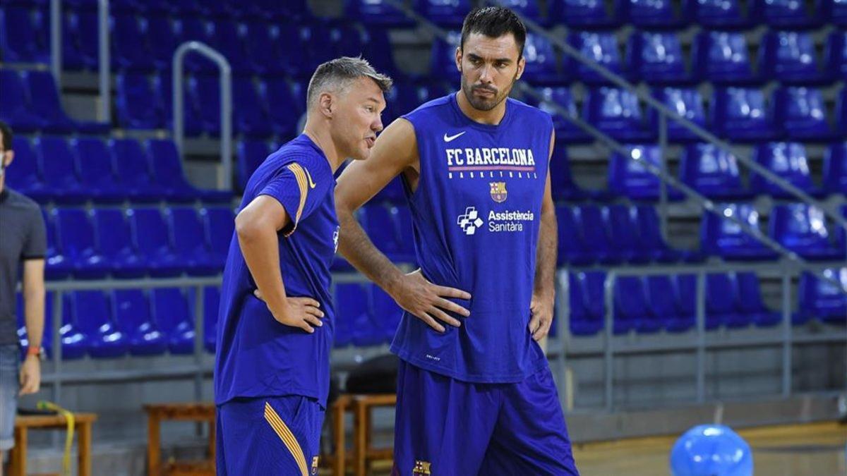 Jasikevicius y Oriola, en un entrenamiento en el Palau