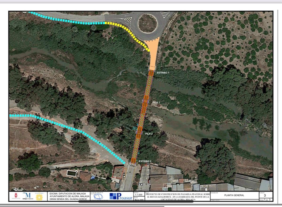 Plano de dónde se instalará la pasarela de madera sobre el río Guadalhorce.