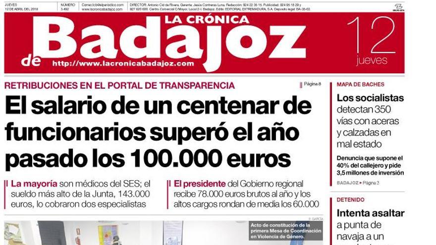 Esta es la portada de LA CRÓNICA DE BADAJOZ correspondiente al día 12 de abril del 2018