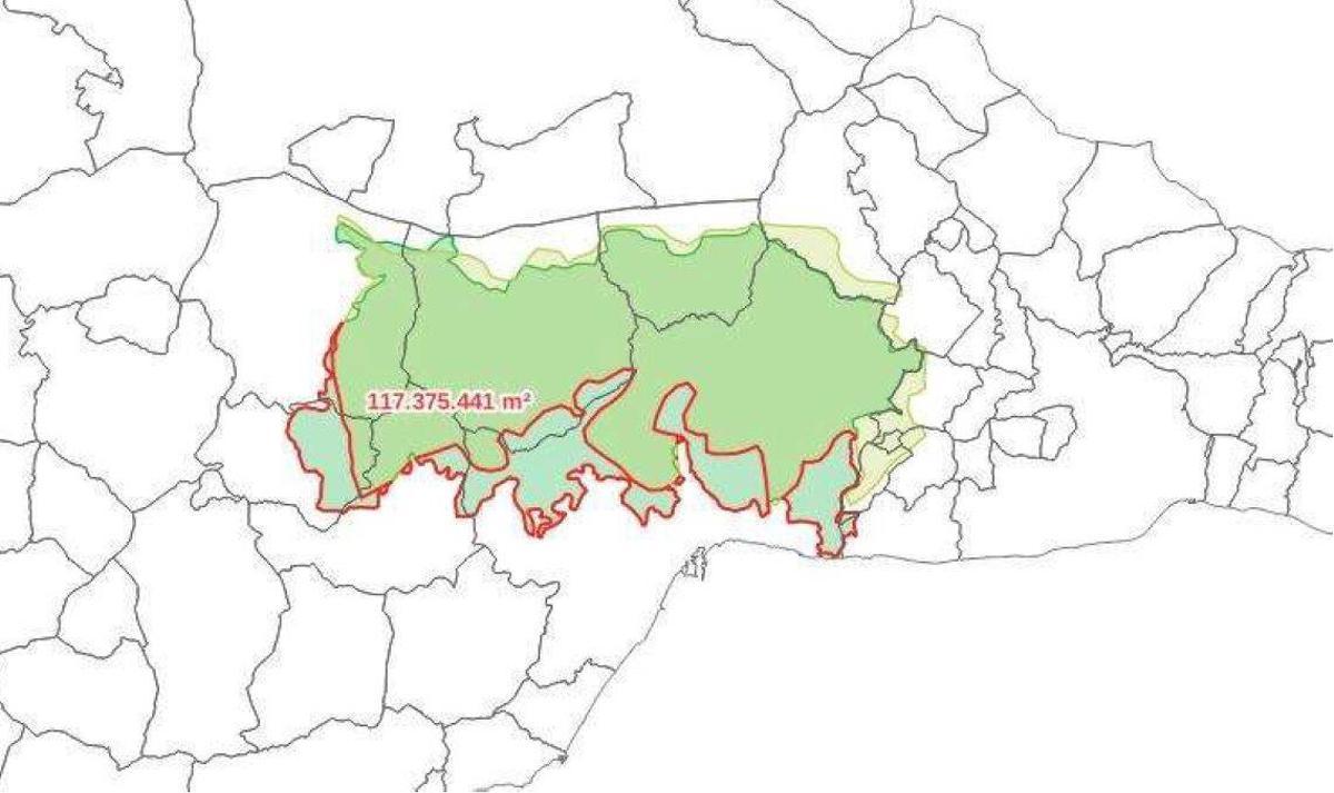 Delimitadas en rojo las 11.700 hectáreas que la Junta de Andalucía quiere desproteger en la revisión del POTA.