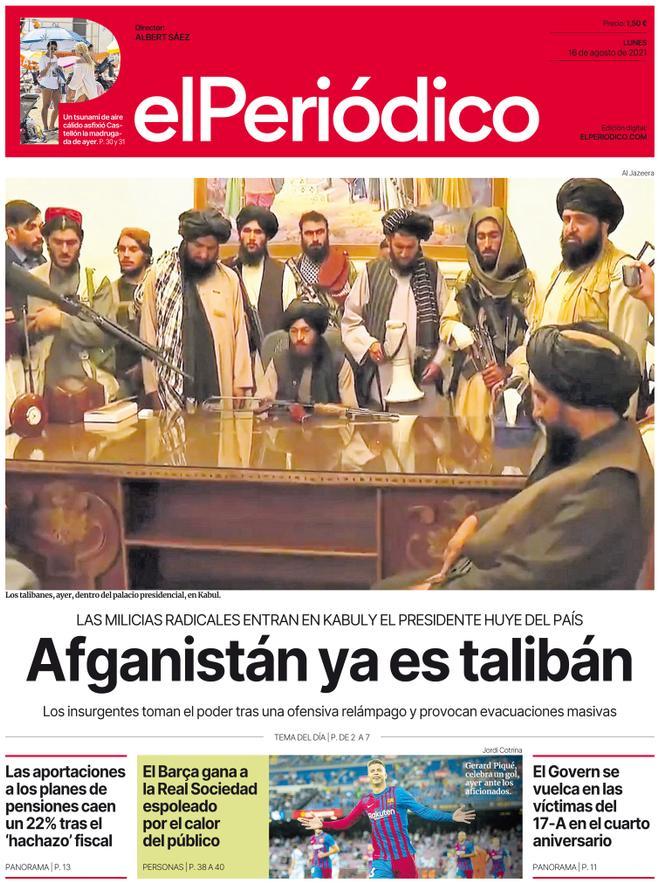 La portada d’EL PERIÓDICO del 16 d’agost del 2021