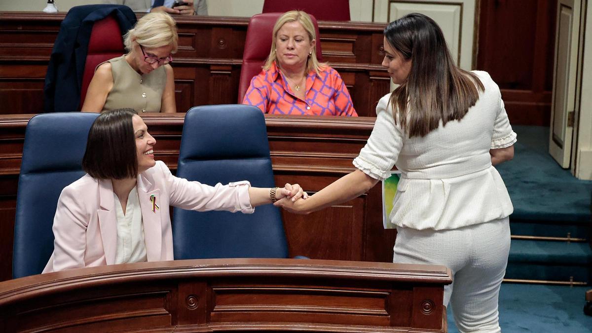 Migdalia Machín, consejera de Ciencia y la parlamentaria nacionalista, Cristina Calero, minutos antes de la aprobación