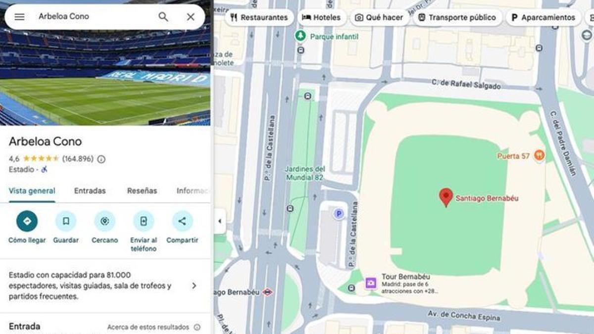 Hackean el nombre del Bernabéu en Google Maps.