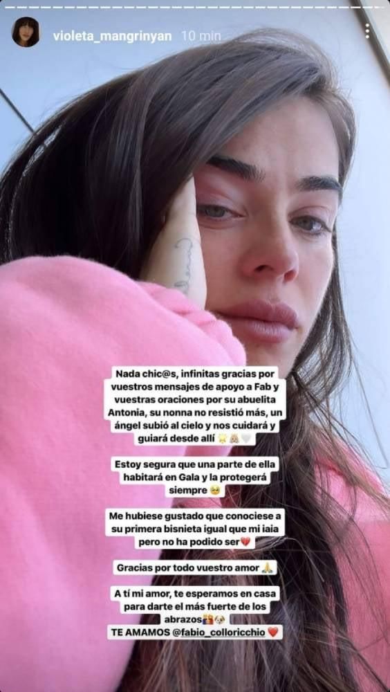 Un stories de Violeta Mangriñán para anunciar la muerte de un familiar