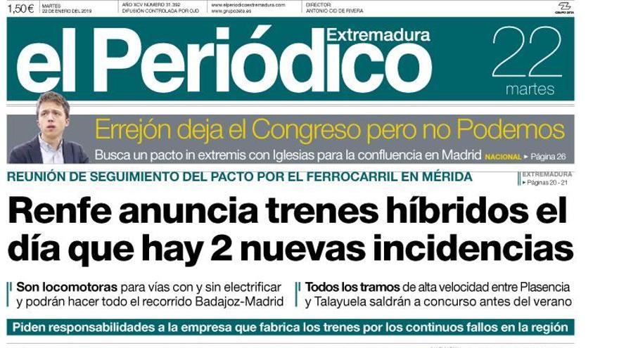 Esta es la portada de EL PERIÓDICO EXTREMADURA correspondiente al día 22 de enero del 2019