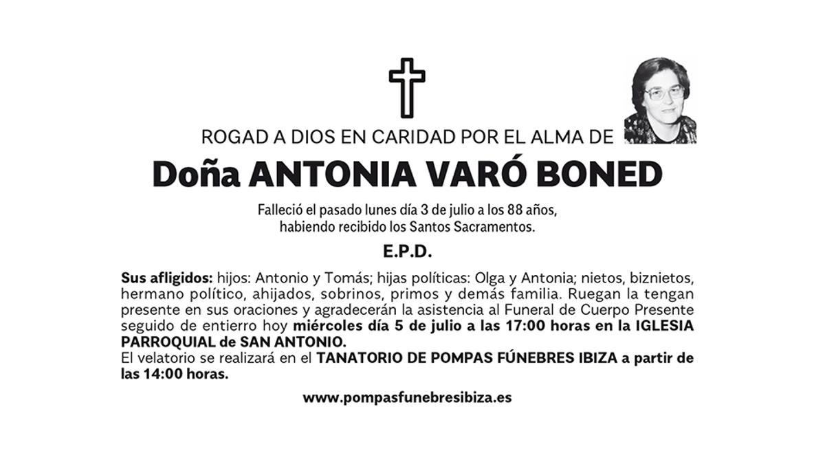 Esquela de doña Antonia Varó Boned