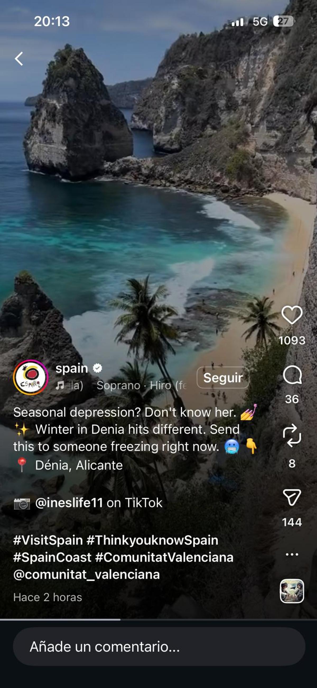 Publicación eliminada en el perfil de turismo de España en la que ubicaba una playa de Bali en Dénia.