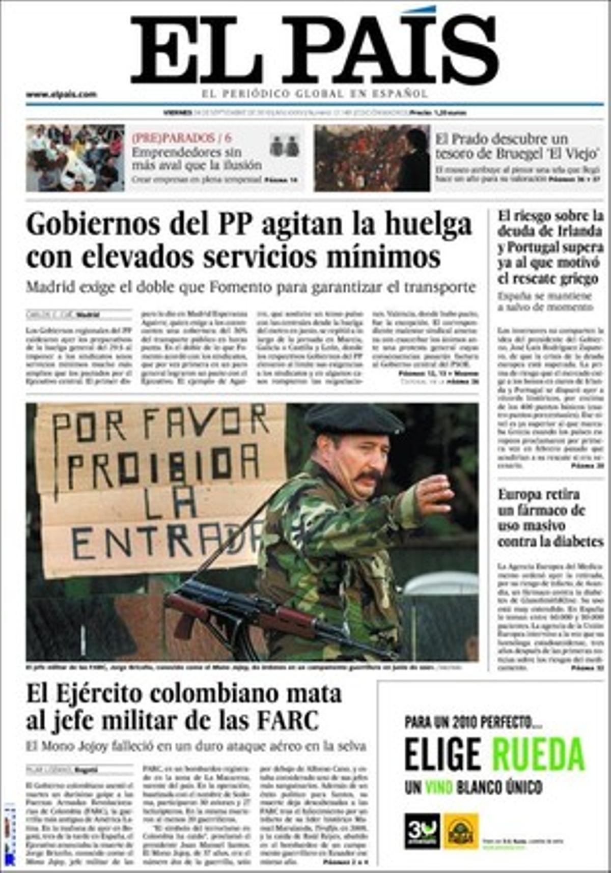 A més de les notícies de portada, ’El País’ destaca a dins que la despesa total en pensions creixerà un 4% el 2011 malgrat la congelació, i que l’Ajuntament de Santa Coloma de Gramenet haurà de reposar els 30 milions de pèrdues de Gramepark que s’ha empassat el ’cas Pretòria’. El tema que fa una revisió en profunditat és el dels espectacles taurins: ’Hoy salvo al toro, hoy lo torturo’.