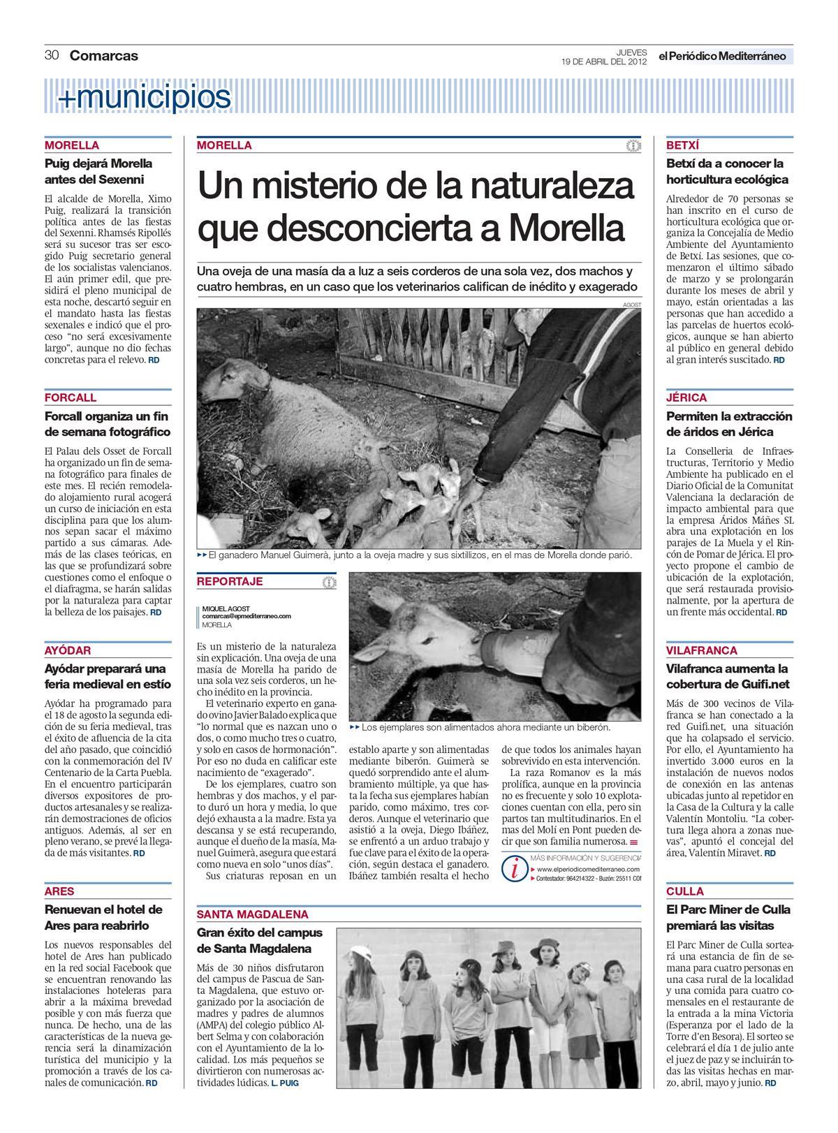 Página de la edición escrita de 'Mediterráneo' que recogió el 19 de abril del 2012 el parto séxtuple.