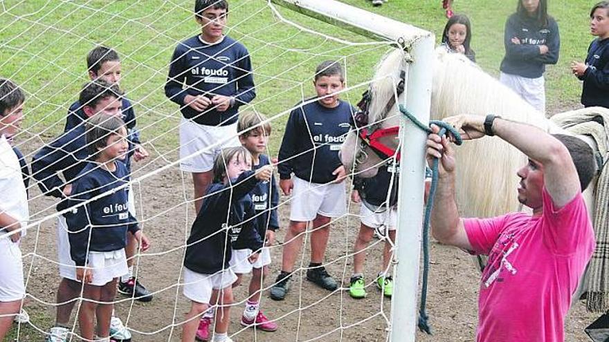 Uno de los caballos de la exhibición rodeado por los pequeños deportistas / ángel gonzález