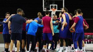 La plantilla del Barça de baloncesto, en un entrenamiento en Kaunas la pasada semana durante la Final Four