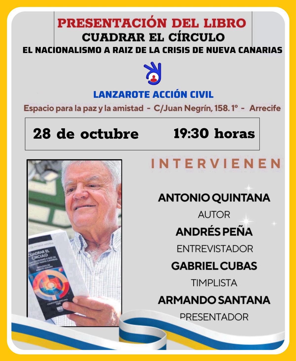 Cartel de presentación en Arrecife del nuevo libro del periodista y escritor Antonio Quintana
