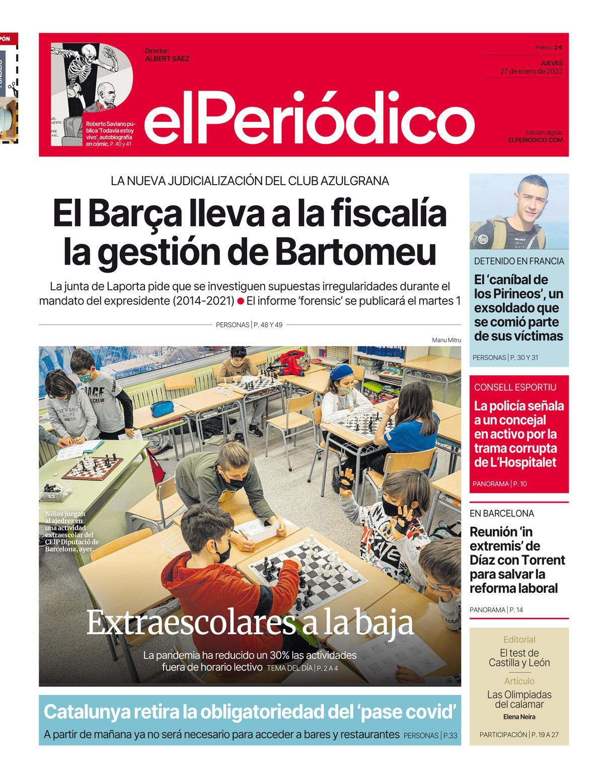 La portada d’EL PERIÓDICO del 27 de gener del 2022