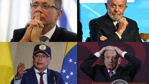 De izquierda a derecha y de arriba abajo; el exvicepresidente ecuatoriano Jorge Glas, el presidente brasileño Lula da Silva, el presidente mexicano López Obrador y el presidente colombiano Gustavo Petro.