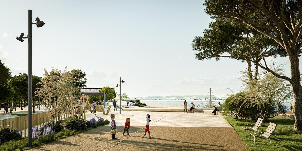 Una recreación desde la zona central del paseo, con las zonas de juego, hacia el astillero y la playa de Banda do Río.