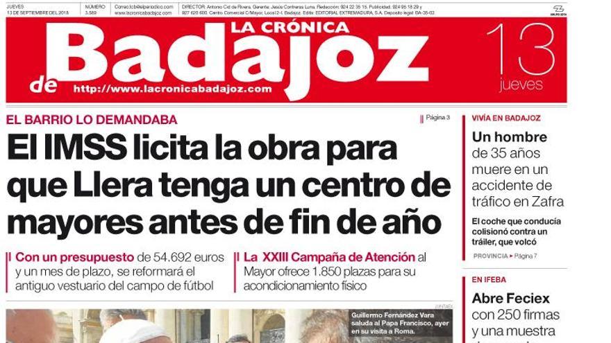 Esta es la portada de LA CRÓNICA DE BADAJOZ correspondiente al día 13 de septiembre del 2018