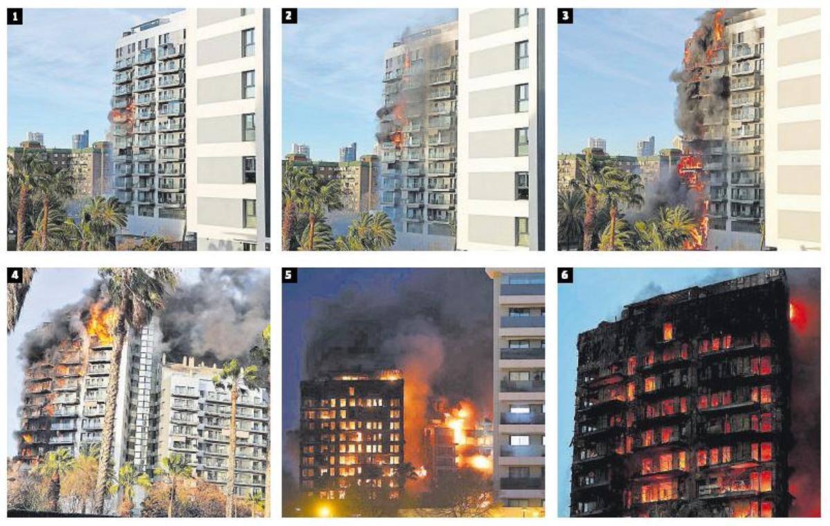 Así se extendió el fuego en el edificio de Valencia, minuto a minuto