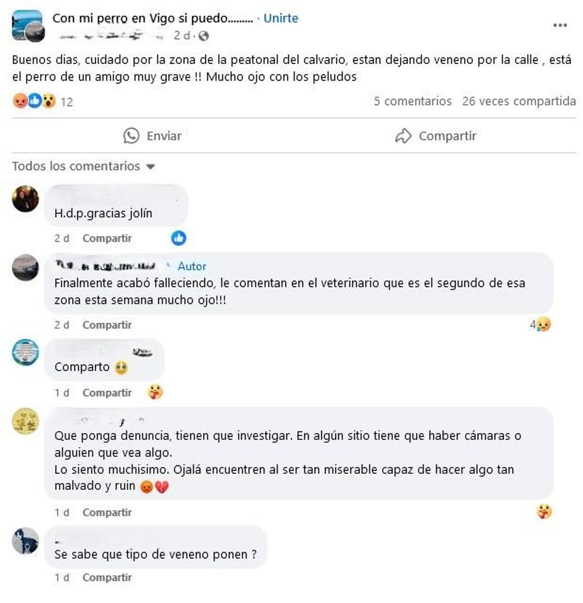 Publicación en un grupo de Facebook sobre el envenenamiento del perro.