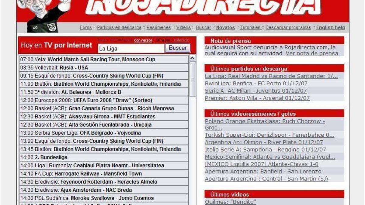 Imagen del portal pirata 'RojaDirecta', con enlaces a todo tipo de evento deportivo.