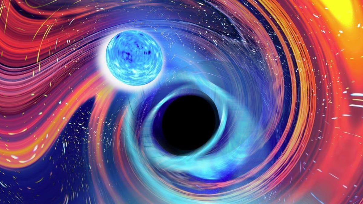 Una imagen recrea inspirada una fusión de estrellas de neutrones y un agujero negro.