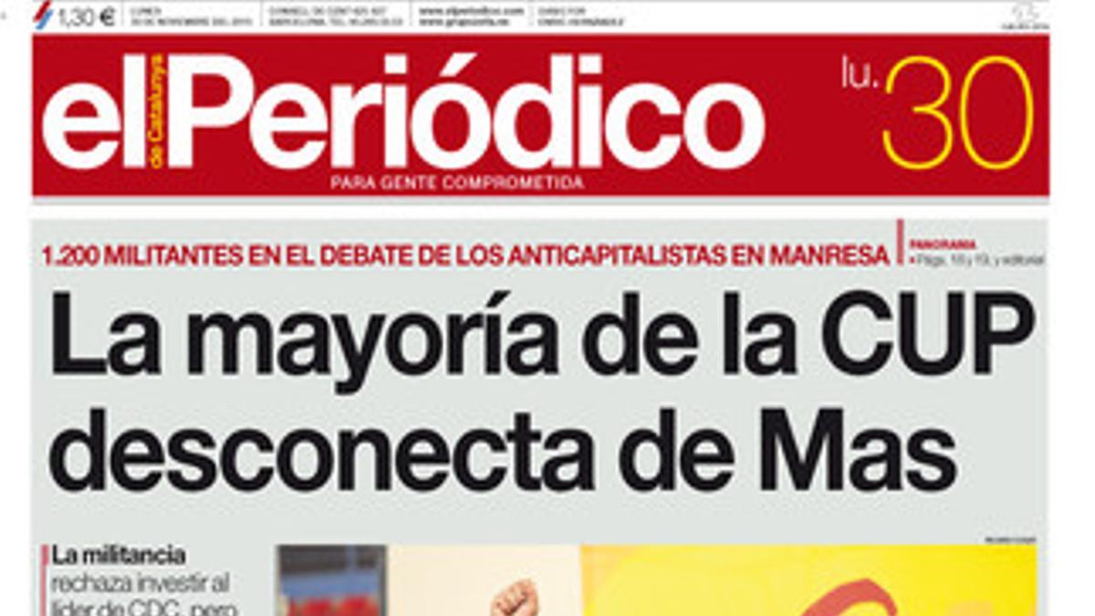 La portada de EL PERIÓDICO DE CATALUNYA del lunes, 30 de noviembre.
