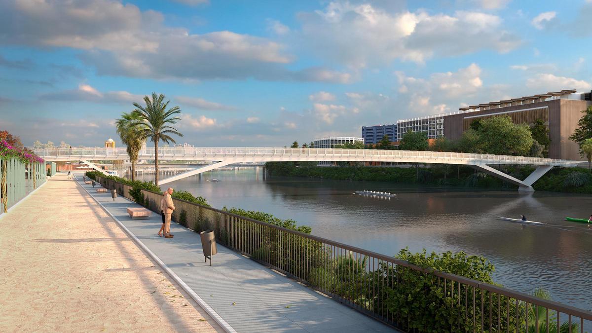 Recreación de la futura pasarela Princesa Leonor sobre el Guadalquivir en Sevilla.