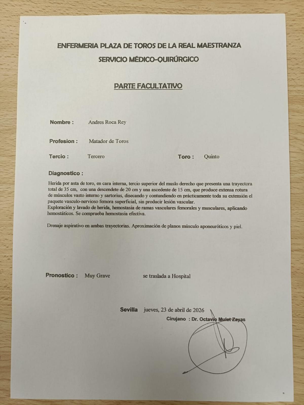 Parte médico de la cornada a Roca Rey