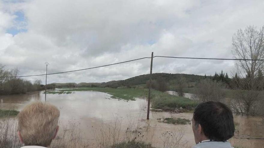 Dos vecinos observan la crecida del Almucera en abril de este año.