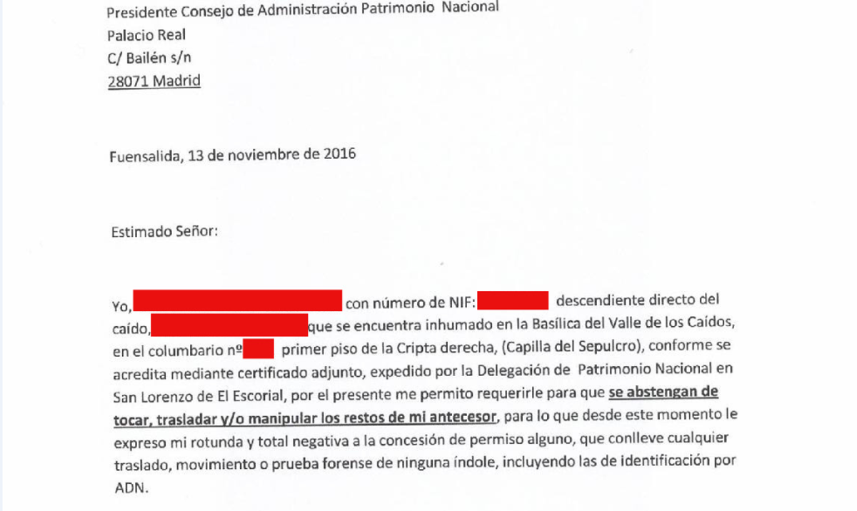 Fragmento de escrito de negativa a las exhumaciones en el Valle de los Caídos.