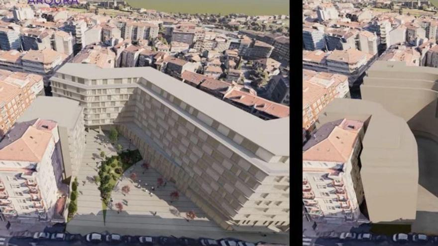 El proyecto del Peleteiro con una plaza que no salió adelante, dcha,  y la edificación que pemite el PXOM