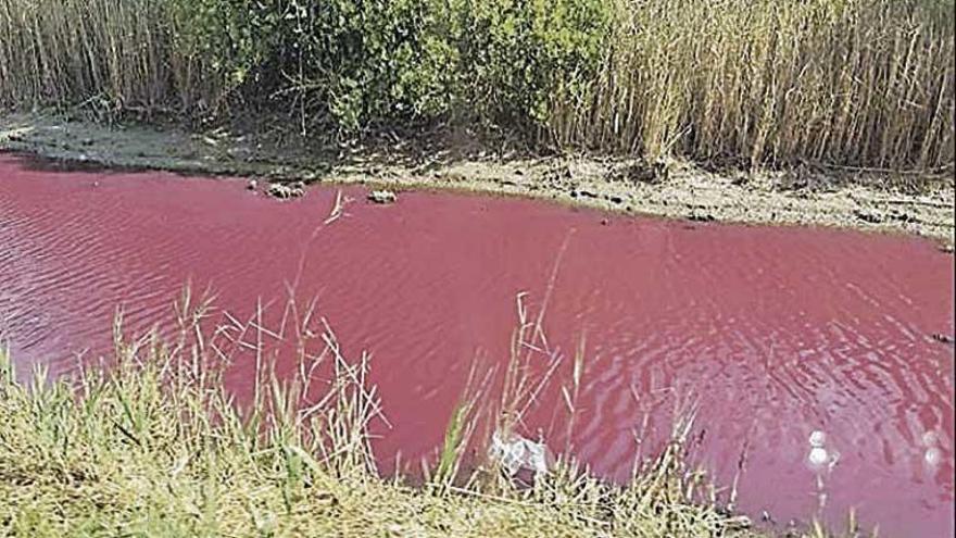 Imagen de uno de los canales con sus aguas teñidas de rosa.